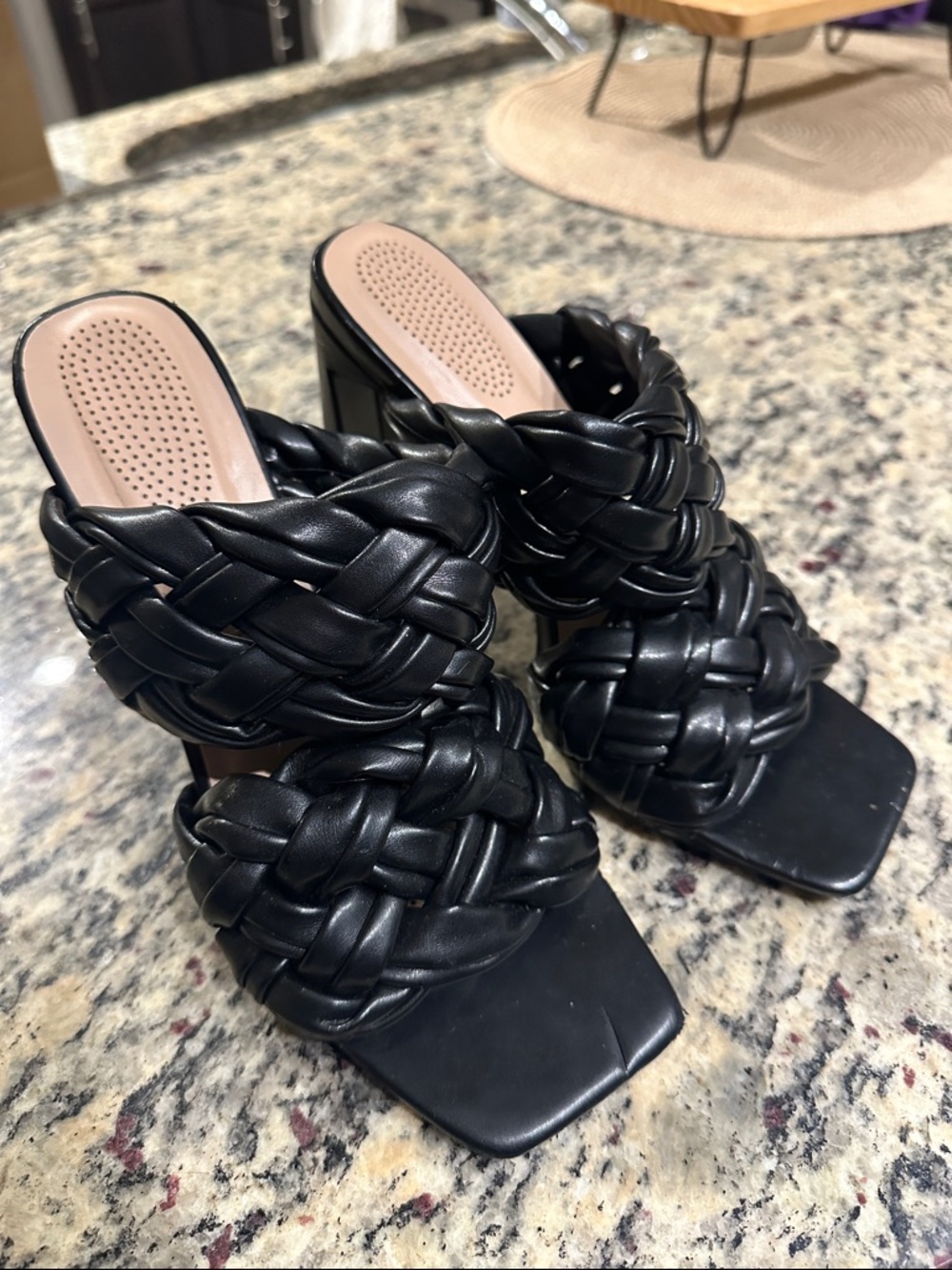 Black Braided Block Heel Slide Sandals - Women